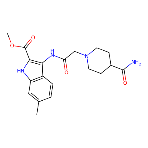 methyl 3-(2-(4-carbamoylpiperidin-1-yl)acetamido)-6-methyl-1H-indole-2-carboxylate structure