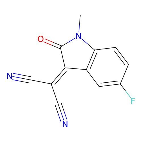 (5-fluoro-1-methyl-2-oxo-1,2-dihydro-3H-indol-3-ylidene)propanedinitrile structure
