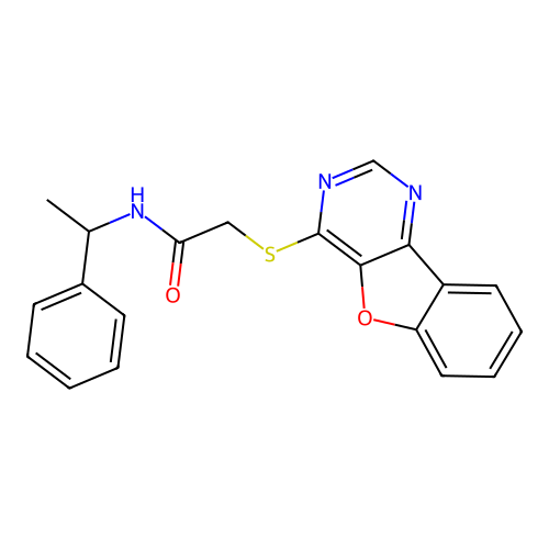 2-([1]benzofuro[3,2-d]pyrimidin-4-ylsulfanyl)-N-(1-phenylethyl)acetamide structure