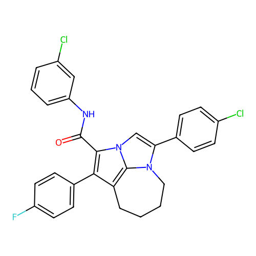 N-(3-chlorophenyl)-4-(4-chlorophenyl)-1-(4-fluorophenyl)-5,6,7,8-tetrahydro-2a,4a-diazacyclopenta[cd]azulene-2-carboxamide structure
