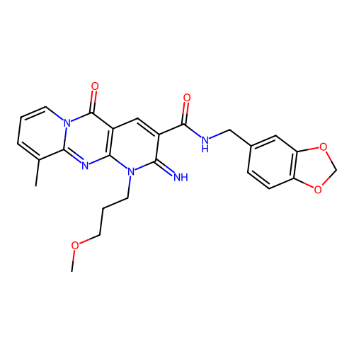 N-(1,3-benzodioxol-5-ylmethyl)-2-imino-1-(3-methoxypropyl)-10-methyl-5-oxo-1,5-dihydro-2H-dipyrido[1,2-a:2',3'-d]pyrimidine-3-carboxamide structure