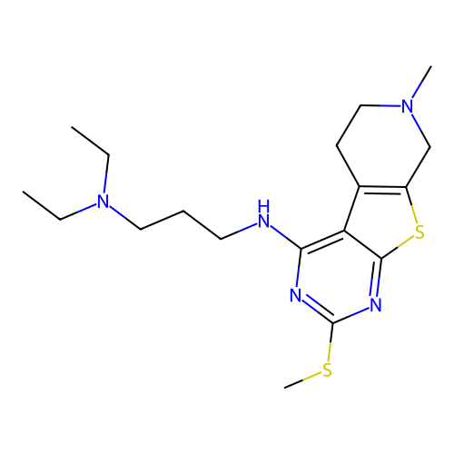 N,N-diethyl-N'-[7-methyl-2-(methylsulfanyl)-5,6,7,8-tetrahydropyrido[4',3':4,5]thieno[2,3-d]pyrimidin-4-yl]propane-1,3-diamine structure