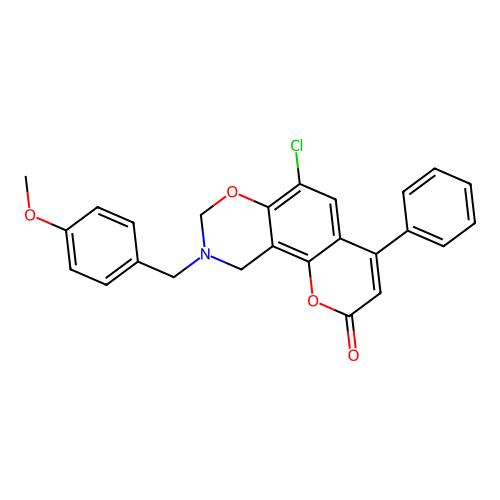 6-chloro-9-(4-methoxybenzyl)-4-phenyl-9,10-dihydro-2H,8H-chromeno[8,7-e][1,3]oxazin-2-one structure