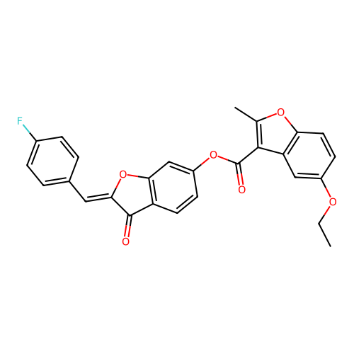 (2Z)-2-(4-fluorobenzylidene)-3-oxo-2,3-dihydro-1-benzofuran-6-yl 5-ethoxy-2-methyl-1-benzofuran-3-carboxylate structure