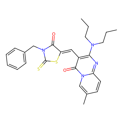 3-[(Z)-(3-benzyl-4-oxo-2-thioxo-1,3-thiazolidin-5-ylidene)methyl]-2-(dipropylamino)-7-methyl-4H-pyrido[1,2-a]pyrimidin-4-one structure