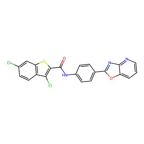 3,6-dichloro-N-[4-([1,3]oxazolo[4,5-b]pyridin-2-yl)phenyl]-1-benzothiophene-2-carboxamide structure