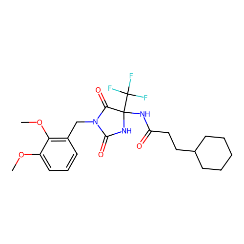 3-cyclohexyl-N-(1-(2,3-dimethoxybenzyl)-2,5-dioxo-4-(trifluoromethyl)imidazolidin-4-yl)propanamide structure
