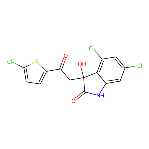 4,6-dichloro-3-(2-(5-chlorothiophen-2-yl)-2-oxoethyl)-3-hydroxyindolin-2-one structure