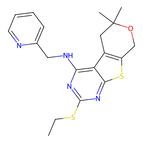 2-(ethylsulfanyl)-6,6-dimethyl-N-(pyridin-2-ylmethyl)-5,8-dihydro-6H-pyrano[4',3':4,5]thieno[2,3-d]pyrimidin-4-amine structure