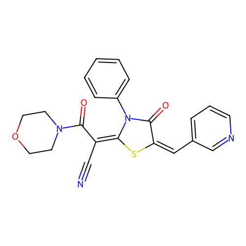 (E)-3-morpholino-3-oxo-2-((E)-4-oxo-3-phenyl-5-(pyridin-3-ylmethylene)thiazolidin-2-ylidene)propanenitrile structure