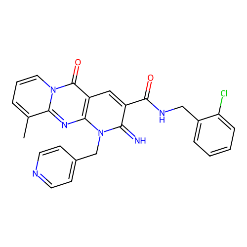 N-[(2-chlorophenyl)methyl]-6-imino-11-methyl-2-oxo-7-[(pyridin-4-yl)methyl]-1,7,9-triazatricyclo[8.4.0.0^{3,8}]tetradeca-3(8),4,9,11,13-pentaene-5-carboxamide structure