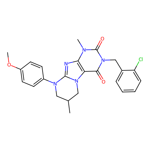 3-(2-chlorobenzyl)-9-(4-methoxyphenyl)-1,7-dimethyl-6,7,8,9-tetrahydropyrimido[2,1-f]purine-2,4(1H,3H)-dione structure
