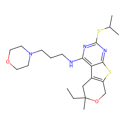 6-ethyl-2-(isopropylthio)-6-methyl-N-(3-morpholinopropyl)-6,8-dihydro-5H-pyrano[4',3':4,5]thieno[2,3-d]pyrimidin-4-amine structure