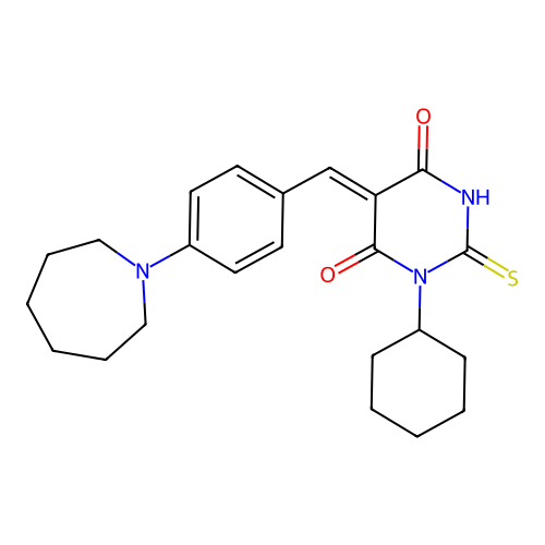 (5Z)-5-[[4-(azepan-1-yl)phenyl]methylidene]-1-cyclohexyl-2-sulfanylidene-1,3-diazinane-4,6-dione structure