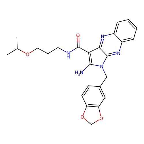 2-amino-1-(1,3-benzodioxol-5-ylmethyl)-N-(3-propan-2-yloxypropyl)pyrrolo[3,2-b]quinoxaline-3-carboxamide structure