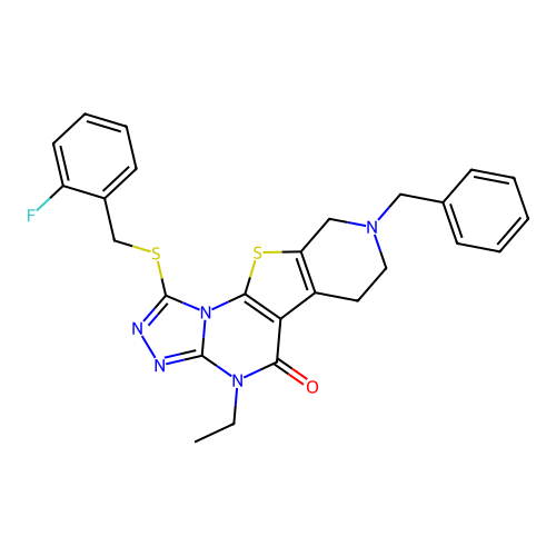 8-benzyl-4-ethyl-1-((2-fluorobenzyl)thio)-6,7,8,9-tetrahydropyrido[4',3':4,5]thieno[3,2-e][1,2,4]triazolo[4,3-a]pyrimidin-5(4H)-one structure