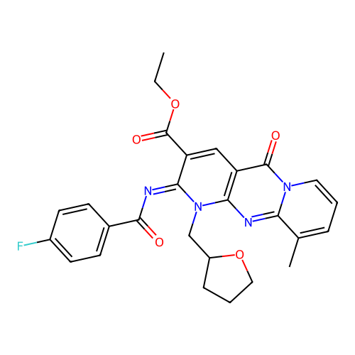 (Z)-ethyl 2-((4-fluorobenzoyl)imino)-10-methyl-5-oxo-1-((tetrahydrofuran-2-yl)methyl)-2,5-dihydro-1H-dipyrido[1,2-a:2',3'-d]pyrimidine-3-carboxylate structure