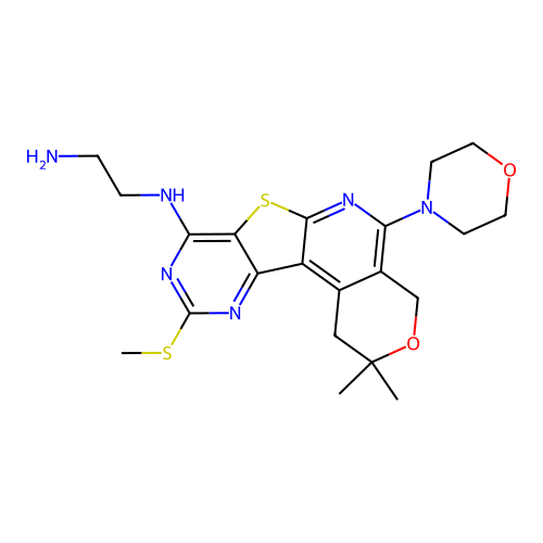 N-[2,2-dimethyl-10-(methylsulfanyl)-5-(morpholin-4-yl)-1,4-dihydro-2H-pyrano[4'',3'':4',5']pyrido[3',2':4,5]thieno[3,2-d]pyrimidin-8-yl]ethane-1,2-diamine structure
