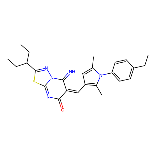 (E)-6-((1-(4-ethylphenyl)-2,5-dimethyl-1H-pyrrol-3-yl)methylene)-5-imino-2-(pentan-3-yl)-5H-[1,3,4]thiadiazolo[3,2-a]pyrimidin-7(6H)-one structure