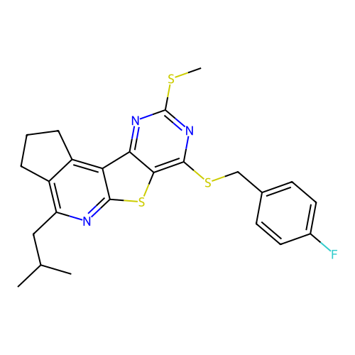 7-((4-fluorobenzyl)thio)-4-isobutyl-9-(methylthio)-2,3-dihydro-1H-cyclopenta[4',5']pyrido[3',2':4,5]thieno[3,2-d]pyrimidine structure