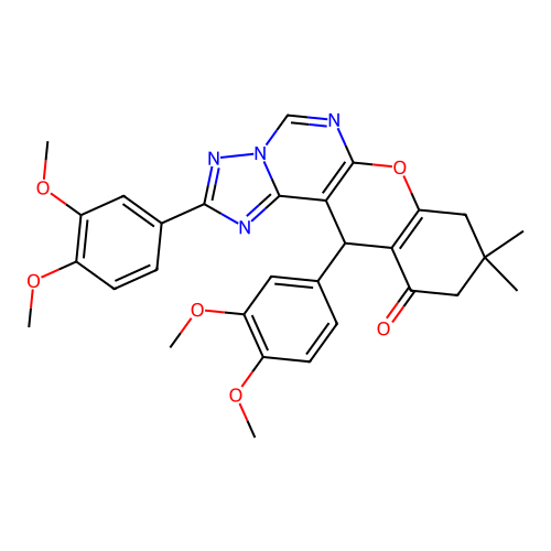 2,12-bis(3,4-dimethoxyphenyl)-9,9-dimethyl-8,9,10,12-tetrahydro-11H-chromeno[3,2-e][1,2,4]triazolo[1,5-c]pyrimidin-11-one structure