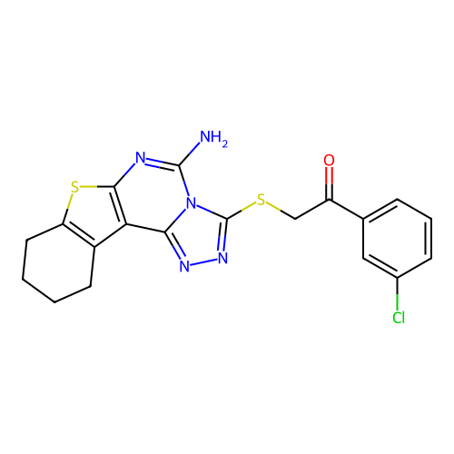 2-((5-amino-8,9,10,11-tetrahydrobenzo[4,5]thieno[3,2-e][1,2,4]triazolo[4,3-c]pyrimidin-3-yl)thio)-1-(3-chlorophenyl)ethanone structure
