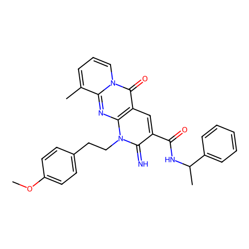 2-imino-1-[2-(4-methoxyphenyl)ethyl]-10-methyl-5-oxo-N-(1-phenylethyl)-1,5-dihydro-2H-dipyrido[1,2-a:2',3'-d]pyrimidine-3-carboxamide structure