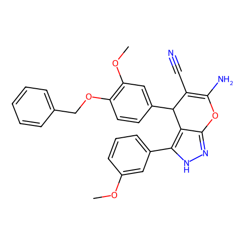 6-amino-4-[4-(benzyloxy)-3-methoxyphenyl]-3-(3-methoxyphenyl)-1,4-dihydropyrano[2,3-c]pyrazole-5-carbonitrile structure