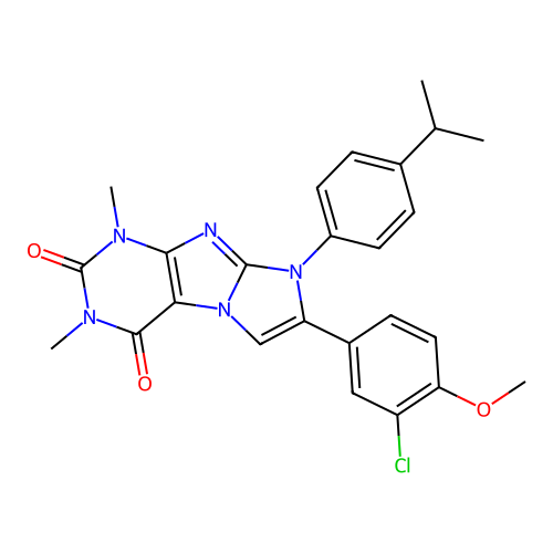 7-(3-chloro-4-methoxyphenyl)-1,3-dimethyl-8-[4-(propan-2-yl)phenyl]-1H-imidazo[2,1-f]purine-2,4(3H,8H)-dione structure