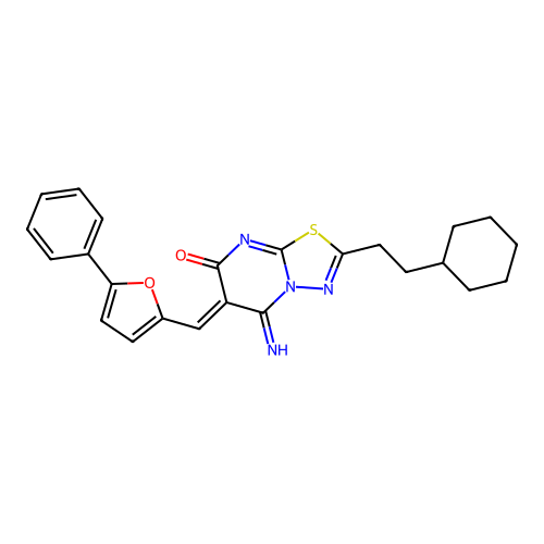(6Z)-2-(2-cyclohexylethyl)-5-imino-6-[(5-phenylfuran-2-yl)methylidene]-[1,3,4]thiadiazolo[3,2-a]pyrimidin-7-one structure