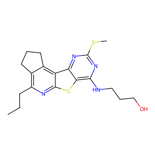 3-((9-(methylthio)-4-propyl-2,3-dihydro-1H-cyclopenta[4',5']pyrido[3',2':4,5]thieno[3,2-d]pyrimidin-7-yl)amino)propan-1-ol structure