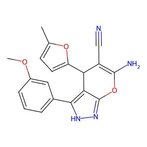 6-amino-3-(3-methoxyphenyl)-4-(5-methylfuran-2-yl)-2,4-dihydropyrano[2,3-c]pyrazole-5-carbonitrile structure
