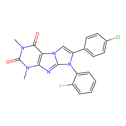 7-(4-chlorophenyl)-8-(2-fluorophenyl)-1,3-dimethyl-1H-imidazo[2,1-f]purine-2,4(3H,8H)-dione structure
