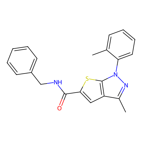 N-benzyl-3-methyl-1-(2-methylphenyl)-1H-thieno[2,3-c]pyrazole-5-carboxamide structure