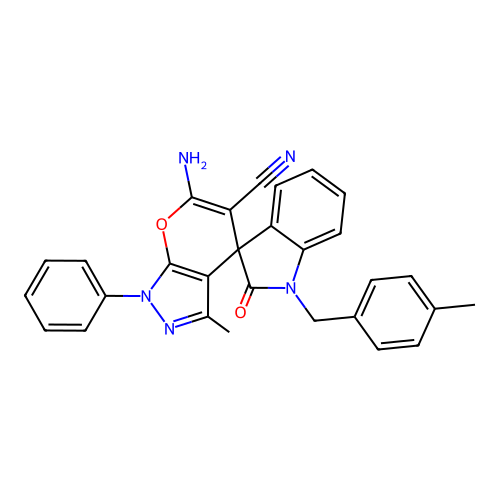 6'-amino-3'-methyl-1-(4-methylbenzyl)-2-oxo-1'-phenyl-1'H-spiro[indoline-3,4'-pyrano[2,3-c]pyrazole]-5'-carbonitrile structure