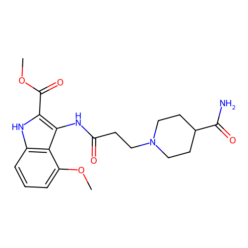 methyl 3-[3-(4-carbamoylpiperidin-1-yl)propanoylamino]-4-methoxy-1H-indole-2-carboxylate structure