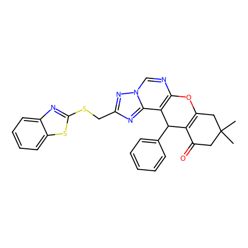 2-[(1,3-benzothiazol-2-ylsulfanyl)methyl]-9,9-dimethyl-12-phenyl-8,9,10,12-tetrahydro-11H-chromeno[3,2-e][1,2,4]triazolo[1,5-c]pyrimidin-11-one structure