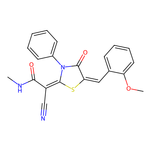 (2E)-2-cyano-2-[(5E)-5-[(2-methoxyphenyl)methylidene]-4-oxo-3-phenyl-1,3-thiazolidin-2-ylidene]-N-methylacetamide structure