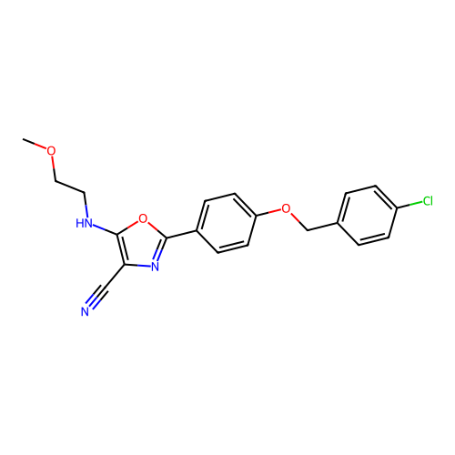 2-(4-((4-chlorobenzyl)oxy)phenyl)-5-((2-methoxyethyl)amino)oxazole-4-carbonitrile structure