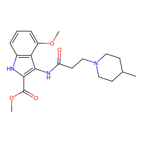 methyl 4-methoxy-3-(3-(4-methylpiperidin-1-yl)propanamido)-1H-indole-2-carboxylate structure