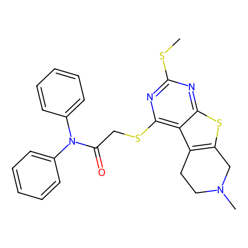2-((7-methyl-2-(methylthio)-5,6,7,8-tetrahydropyrido[4',3':4,5]thieno[2,3-d]pyrimidin-4-yl)thio)-N,N-diphenylacetamide structure