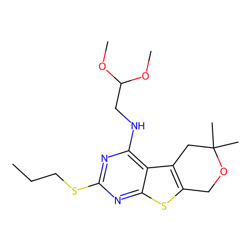 N-(2,2-dimethoxyethyl)-6,6-dimethyl-2-(propylsulfanyl)-5,8-dihydro-6H-pyrano[4',3':4,5]thieno[2,3-d]pyrimidin-4-amine structure