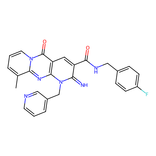 2-Imino-8-methyl-10-oxo-1-pyridin-3-ylmethyl-1,10-dihydro-2H-1,9,10a-triaza-anthracene-3-carboxylic acid 4-fluoro-benzylamide structure