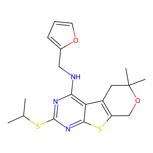 N-(furan-2-ylmethyl)-2-(isopropylthio)-6,6-dimethyl-6,8-dihydro-5H-pyrano[4',3':4,5]thieno[2,3-d]pyrimidin-4-amine structure