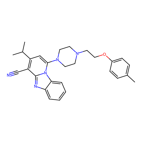 1-[4-[2-(4-methylphenoxy)ethyl]piperazin-1-yl]-3-propan-2-ylpyrido[1,2-a]benzimidazole-4-carbonitrile structure