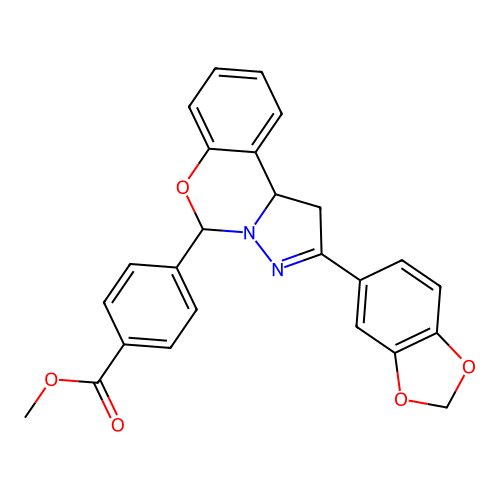 methyl 4-(2-(benzo[d][1,3]dioxol-5-yl)-5,10b-dihydro-1H-benzo[e]pyrazolo[1,5-c][1,3]oxazin-5-yl)benzoate structure