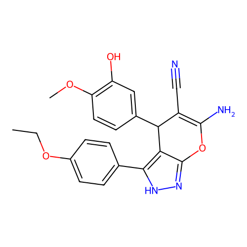 6-amino-3-(4-ethoxyphenyl)-4-(3-hydroxy-4-methoxyphenyl)-2,4-dihydropyrano[2,3-c]pyrazole-5-carbonitrile structure