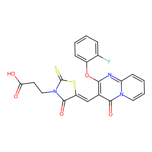 3-[(5Z)-5-{[2-(2-fluorophenoxy)-4-oxo-4H-pyrido[1,2-a]pyrimidin-3-yl]methylidene}-4-oxo-2-thioxo-1,3-thiazolidin-3-yl]propanoic acid structure