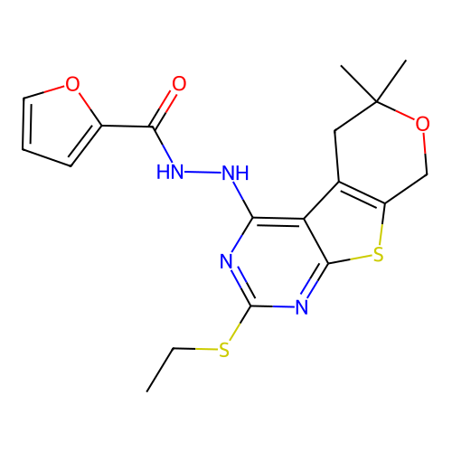 N'-(2-(ethylthio)-6,6-dimethyl-6,8-dihydro-5H-pyrano[4',3':4,5]thieno[2,3-d]pyrimidin-4-yl)furan-2-carbohydrazide structure