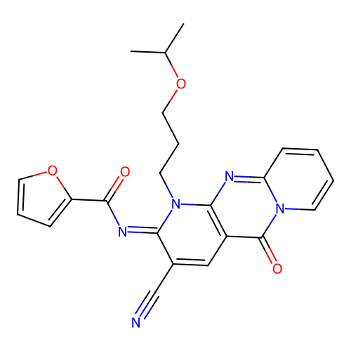 (E)-N-(3-cyano-1-(3-isopropoxypropyl)-5-oxo-1H-dipyrido[1,2-a:2',3'-d]pyrimidin-2(5H)-ylidene)furan-2-carboxamide structure